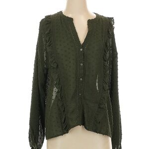 Zara Dark Green Ruffle Button-Up Blouse